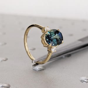 Oval Engagement Ring | 14k Solid Gold Green Blue Sapphire Ring | One of a Kind Montana Sapphire Statement Rings for Women | Anniversary Gift