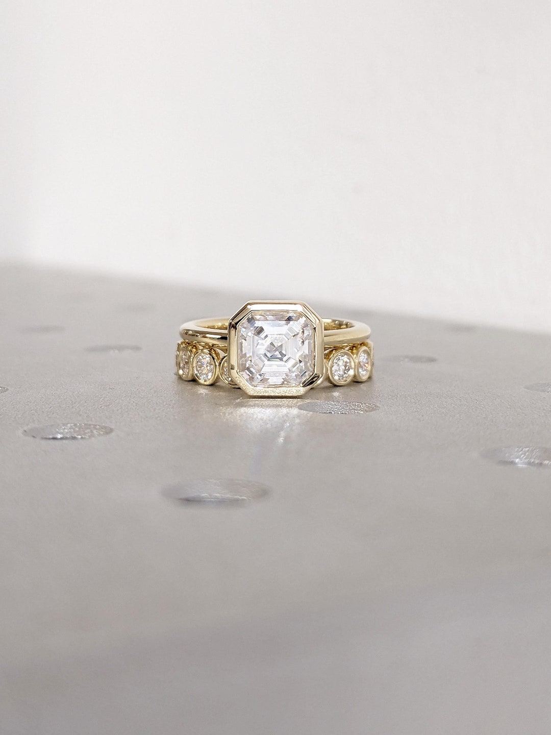 Asscher Cut Moissanite Ring, Dainty 14K Yellow Gold Solitaire Bezel Set ...