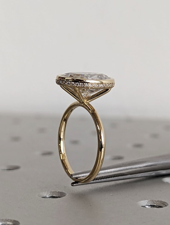 Bezel Set 4ct Oval Moissanite Solitaire Engagement Ring | Custom 14K Yellow Gold Diamond Hidden Halo Wedding Anniversary Ring for Her