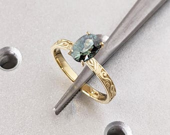 Unique 1 Carat Green Sapphire Ring | Solid Yellow Gold Engagement Ring | Antique Proposal Ring | Scrollwork Engraving | Sapphire Engagement