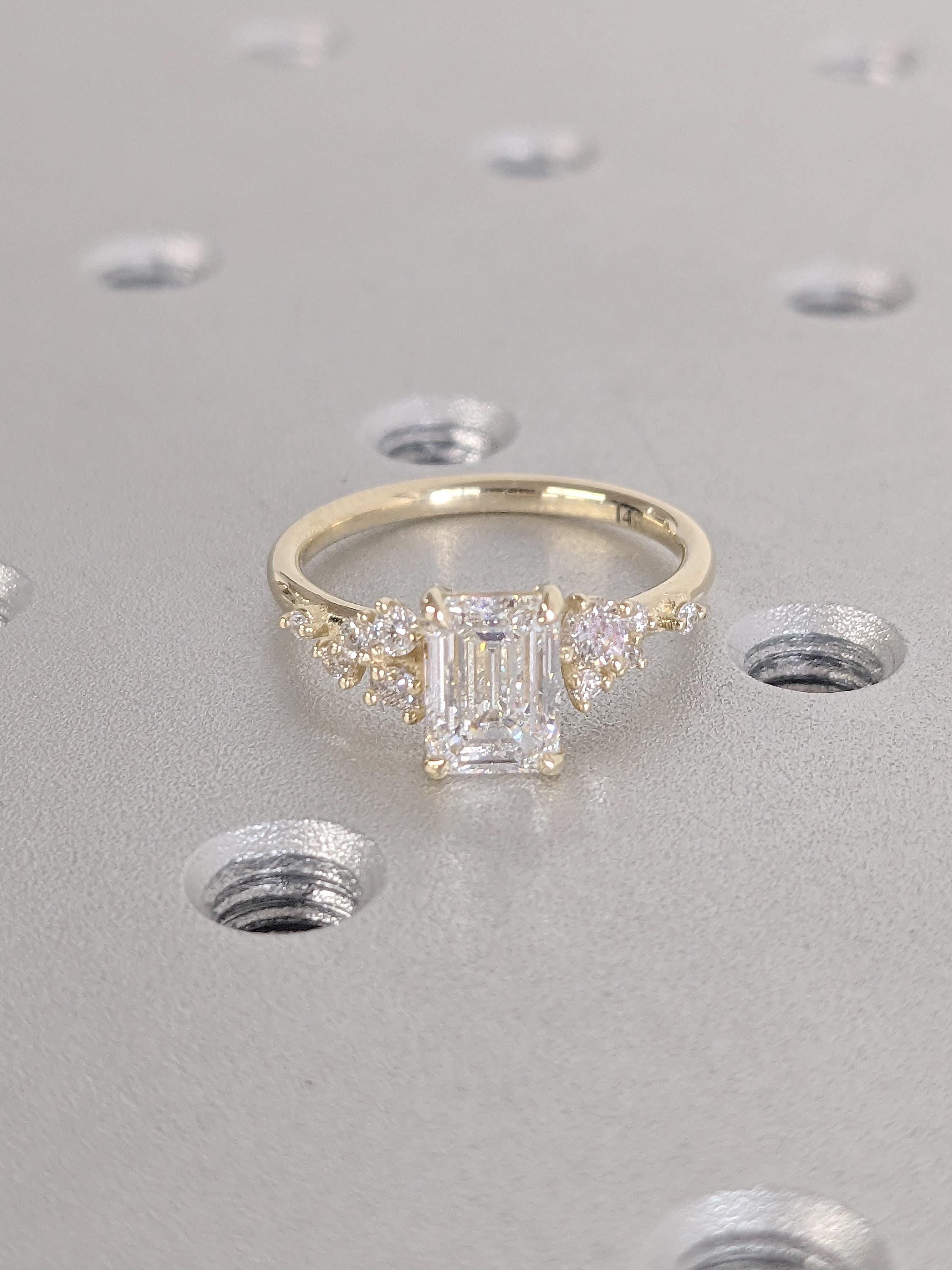 Emerald Cut Snowdrift Lab Diamond Ring, 14k Yellow Gold Statement Ring ...