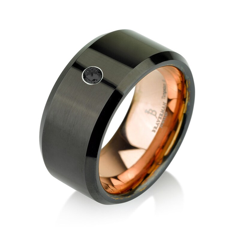 Black Tungsten Ring Rose Gold Wedding Band Rose Gold Black Band 10mm 14K Tungsten Ring Man Wedding Band Black Diamond Mens Wedding Band