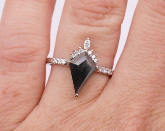 Salt and Pepper Diamond Engagement Ring, Art Deco Platinum Kite Cut Ring