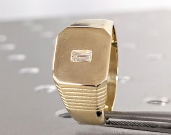 Anillo de sello personalizado para hombre / Anillo de sello rectangular con diamantes en oro amarillo de 14 k / Anillo cuadrado de oro / Anillo para el meñique / Anillo personalizado para él
