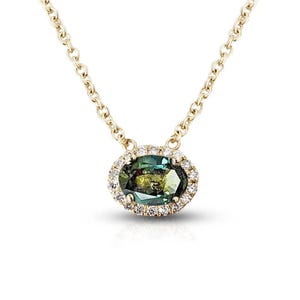 Oval Teal Sapphire Pendant with Halo Diamonds | Classic Sapphire Necklace for Her | Rope Chain Necklace | East West Oval Solitaire Pendant