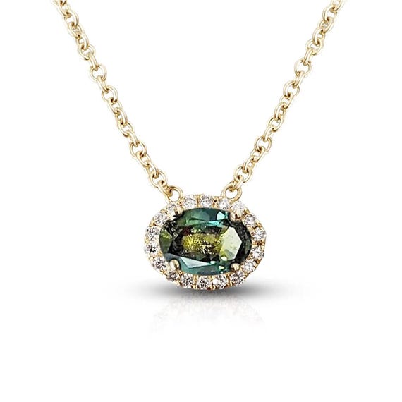Oval Teal Sapphire Pendant with Halo Diamonds | Classic Sapphire Necklace for Her | Rope Chain Necklace | East West Oval Solitaire Pendant