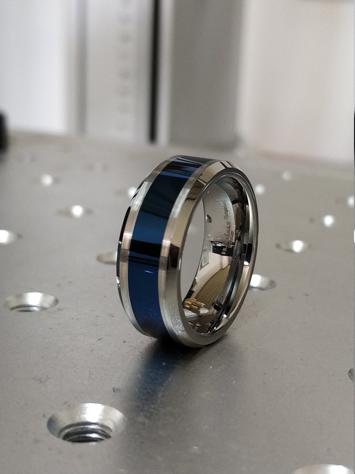 Shiny Blue Tungsten Ring Blue Tungsten Band Blue Wedding image 1