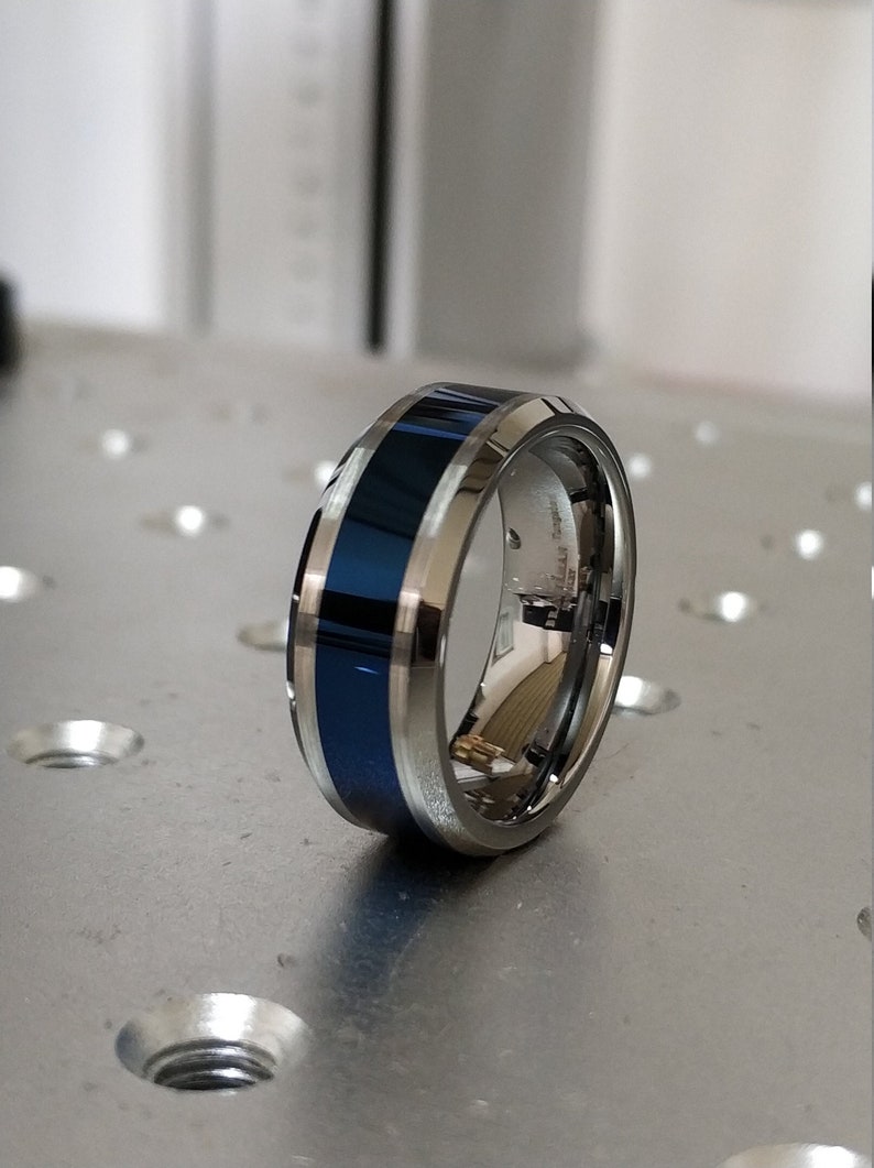 Blue Band Wedding Ring Tungsten Wedding Band Blue Wedding Ring Blue Tungsten Band Shiny Blue Tungsten Ring Blue And Silver Ring