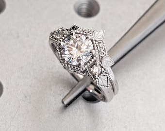 Unieke in het lab gekweekte diamanten beloftering | 14 kt witgouden trouwringset voor dames | Art deco diamanten ring | Vintage stapelbare Milgrain-ring