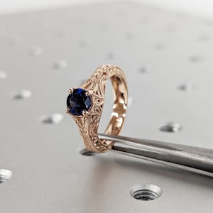 Vintage Art Deco Lab Sapphire September Birthstone Promise Ring For Her | Rose Gold Split Shank Square Band | Alternative Bridal Jewelry