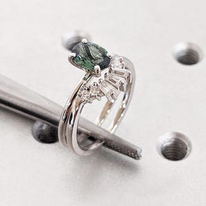 Unique Blue Green Natural Sapphire Engagement Ring Set | Oval Sapphire and Diamond Wedding Anniversary Ring | Diamond Cluster Stacking Ring