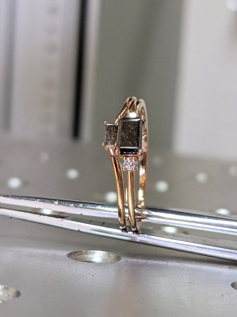 Emerald Baguette Raw Salt and Pepper Diamond Gold Engagement Etsy