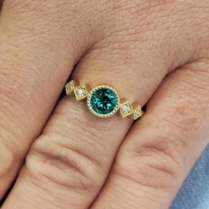 Round cut Emerald and Lab Grown Diamond Engagement Rings | 14k Yellow Gold Promise Ring for Her | Women Bridal Ring Wedding Anniversary Gift