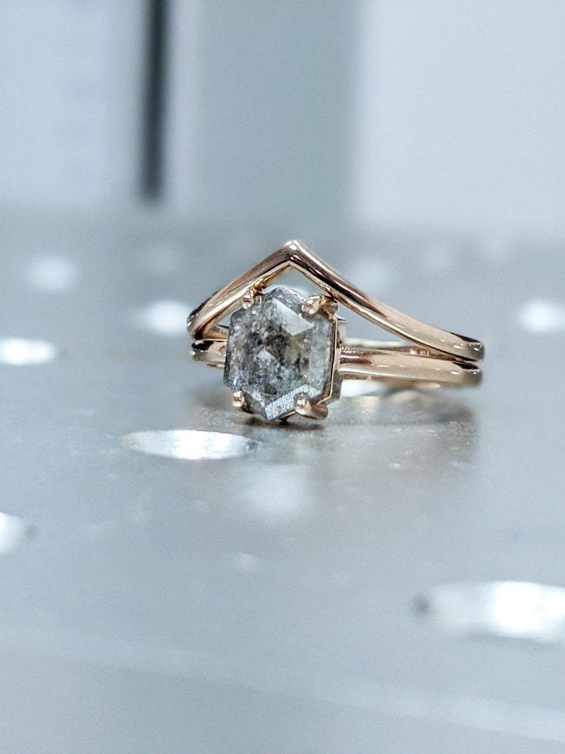 Raw Diamond, Salt and Pepper, Hexagon, Unique Engagement Ring, Rose Cut Geometric Diamond Ring, 14k Gold, Custom Handmade image 1