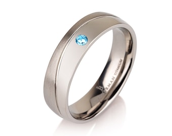 Aquamarine Curved Wedding Ring Wedding Band Titanium Half Polished Half Brushed Ring 6mm &quot;The Wave&quot; Aqua Aquamarine Band