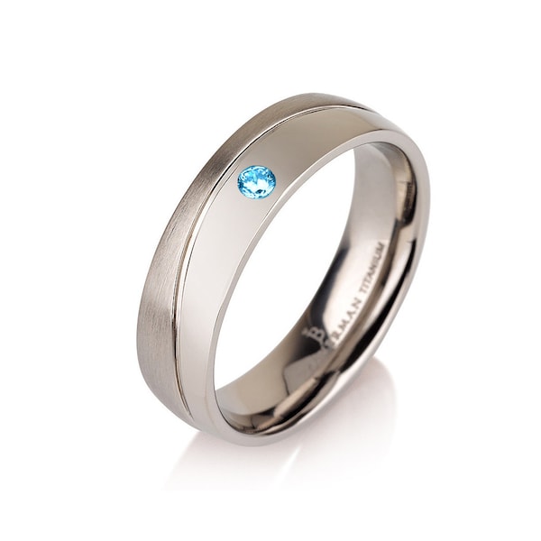 Aquamarine Curved Wedding Ring Wedding Band Titanium Half Polished Half Brushed Ring 6mm "The Wave" Aqua Aquamarine Band