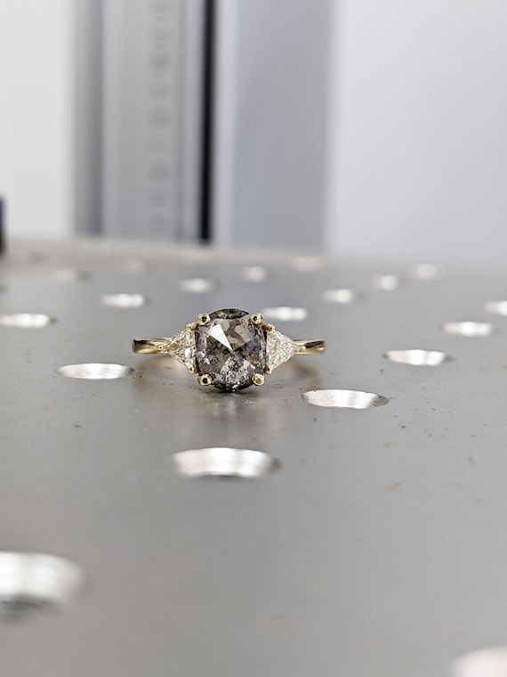 Raw Diamond Oval 3 Diamond Ring, Salt and Pepper, Unique Triangle Engagement Ring, Rose Cut Geometric Diamond Ring 14k Gold, Custom Handmade