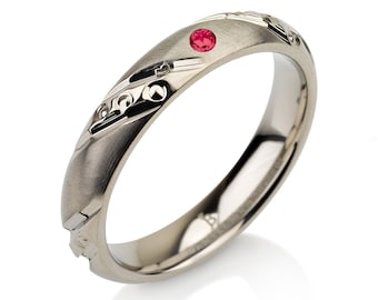 Handgeschnitzter Roter Rubin Band, Damen Eheringe, Titanband, Titanring, Roter Rubin Ring, 4 mm Zarter Ring, Dünner Ring