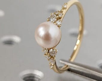 Akoya Pearl Engagement Rings for Women | 14k Yellow Gold Ring Wedding Anniversary Gift | Unique Snowdrift Diamond Cluster Ring