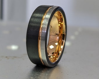 Tungsten Ring Black and Silver Brushed with Rose Gold Accent, Mens Ring, Mens Wedding Band