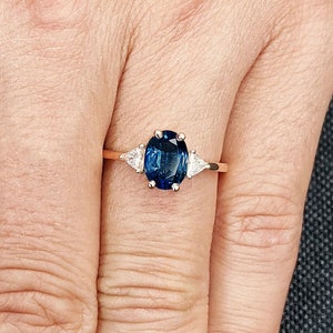 September Birthstone Lab Sapphire Wedding Anniversary Ring | Solid Gold, Platinum Triangle Moissanite Promise Ring | Personalized Jewelry