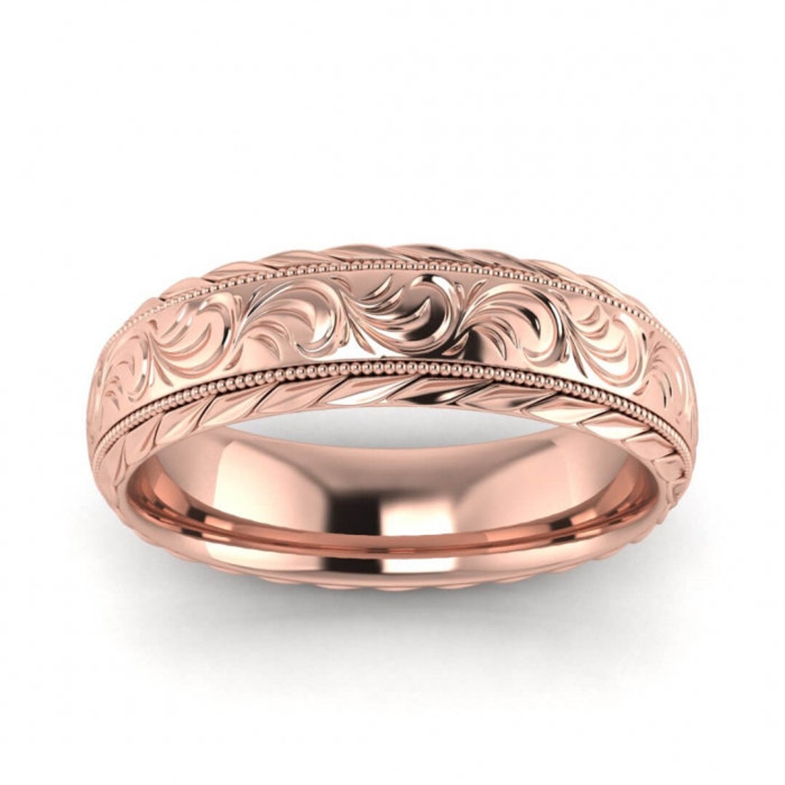 14k Rose Gold Flower Wedding Ring 5mm Floral Engraved Etsy