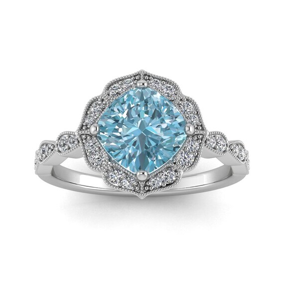 14k White Gold 6x6mm Cushion Aquamarine & Diamond Pendant 14k White Gold 6x6mm Cushion Aquamarine & Diamond Pendant