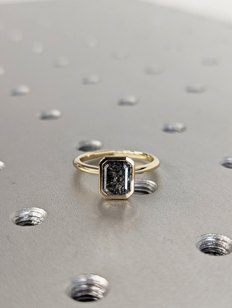 1.5CT Emerald Cut Salt and Pepper Diamond Solitaire Ring 14K Etsy