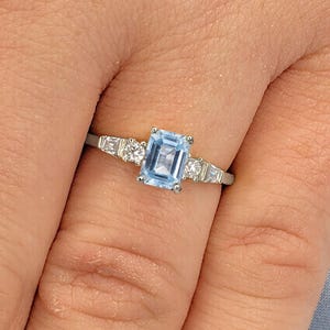 March Birthstone Emerald Cut Aquamarine and Diamond Ring | Art Deco 5 Stone Bridal Ring | Something Blue Wedding Anniversary Ring for Wife