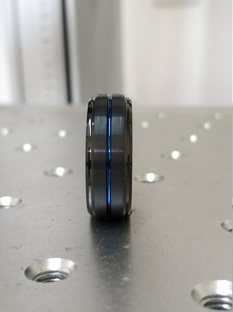 Mens Wedding Band Black Tungsten Ring with Blue Line Mens Wedding Ring 8mm Tungsten Ring Two Tone Wedding Band Personalized Wedding Band