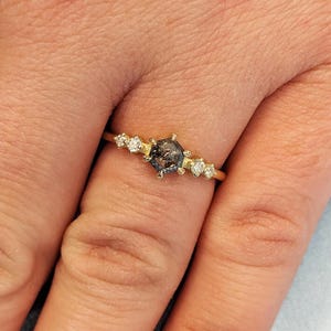 Hexagon cut Black Diamond Engagement Ring | Salt and Pepper Diamond Wedding Anniversary Ring Gift for Wife | Yellow Gold Ring | Dainty Rings
