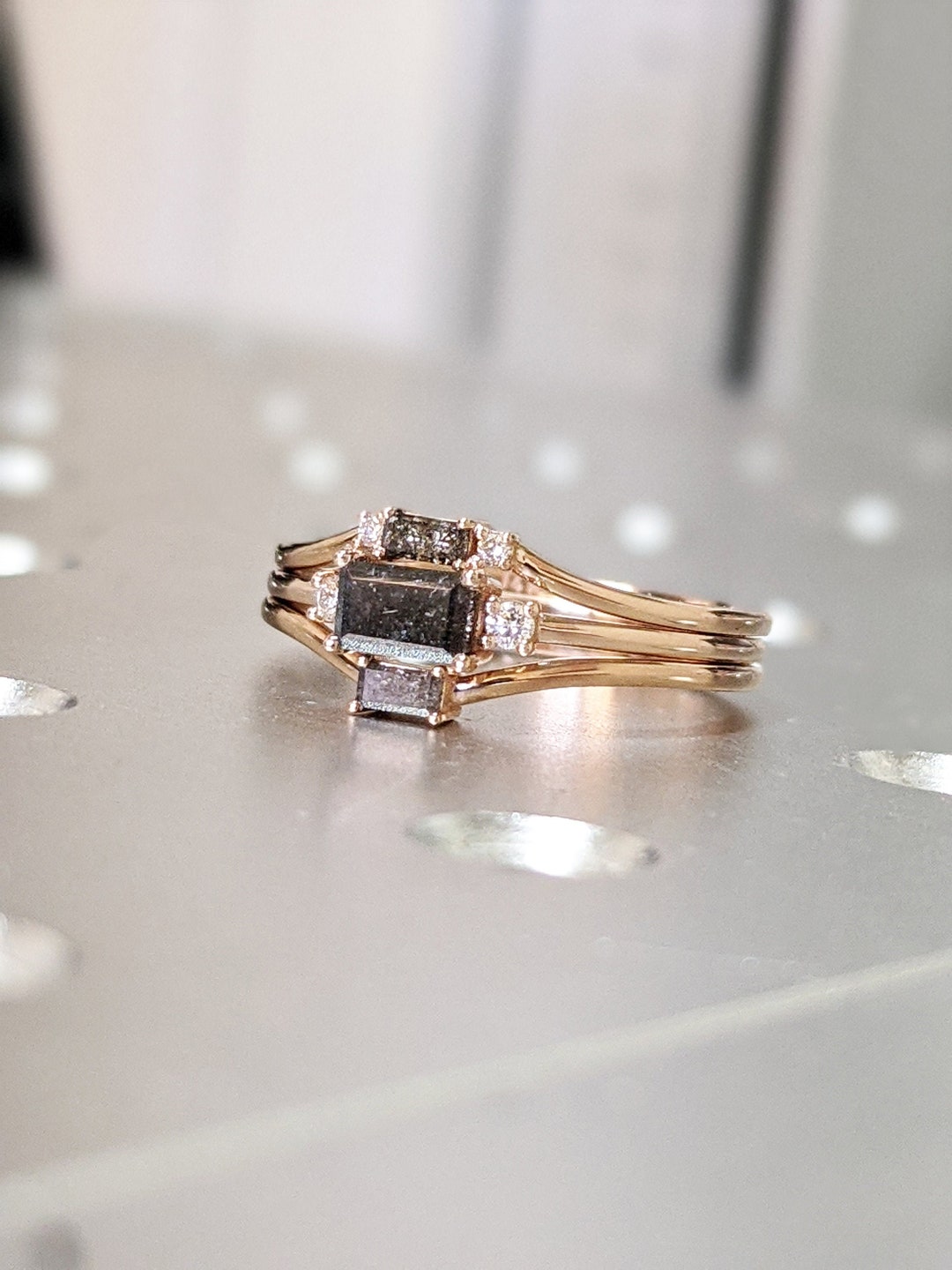 Emerald Baguette Raw Salt and Pepper Diamond Gold Engagement Ring Set