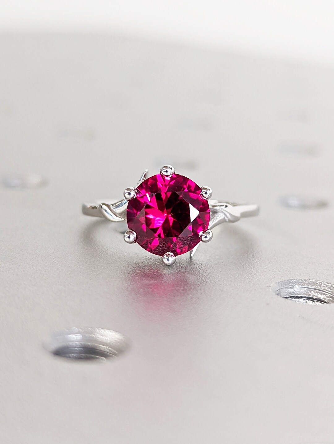 Round Ruby Ring 14K White Gold Ruby Engagement Ring Lab Ruby Ring