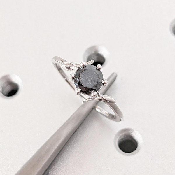 Nature Inspired Round cut Salt and Pepper Grey Diamond Women Engagement Cocktail Ring | 14K 18K White Gold Asymmetrical Thin Bridal Band