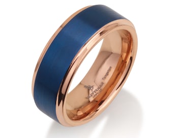 Blue Tungsten Ring For Men, Blue Tungsten Wedding Ring, Blue And Rose Gold Ring, Rose Gold Band With Blue, Wedding Band Rose Gold Blue Ring