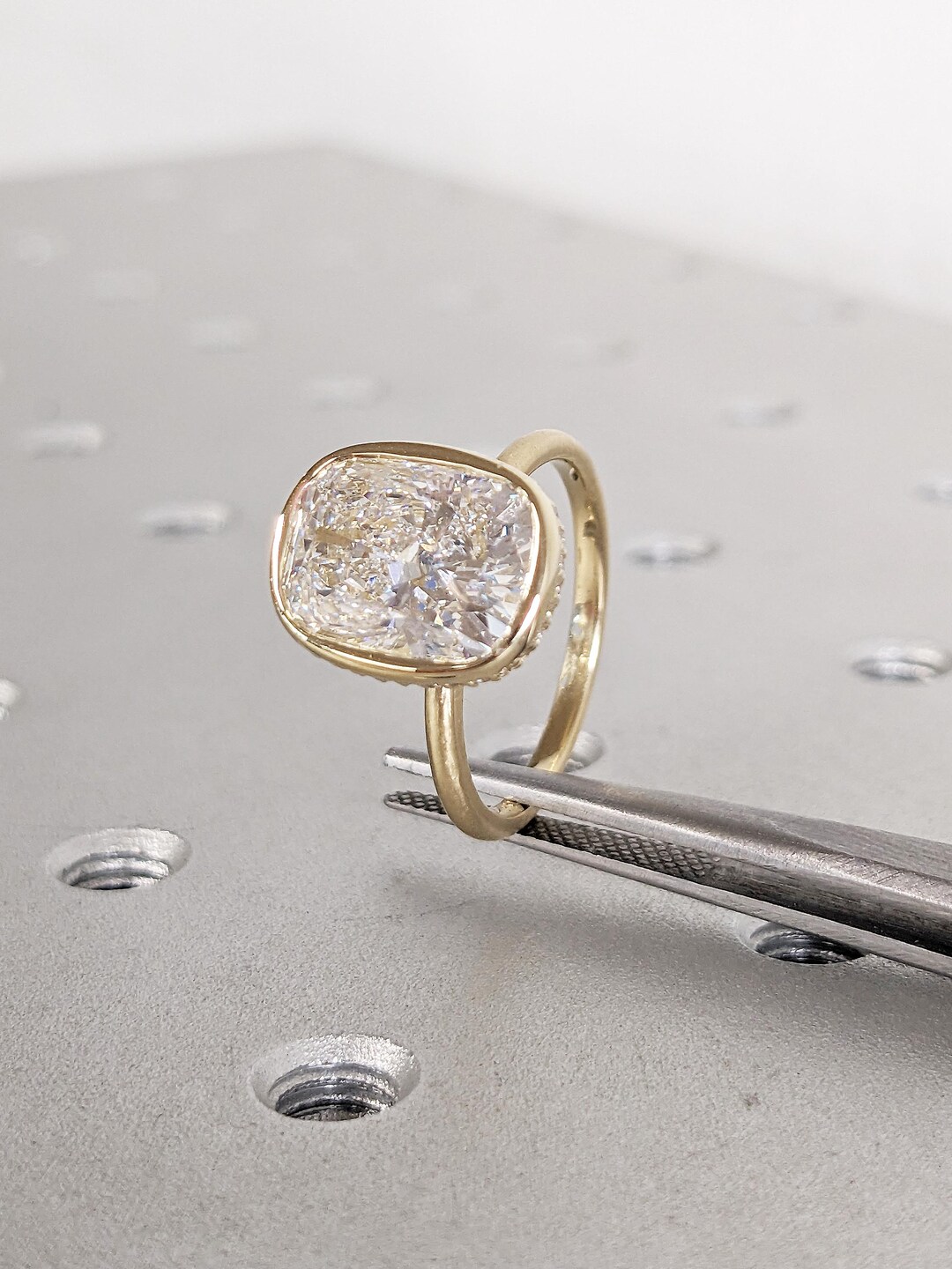 Bezel Set Lab Grown Diamond Ring | 4ct Cushion Cut 14K Yellow Gold Lab ...