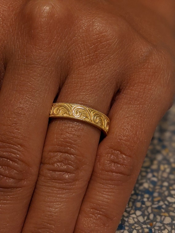 Gold Unique Engraved Wedding Ring Art Deco Scroll Style Wedding