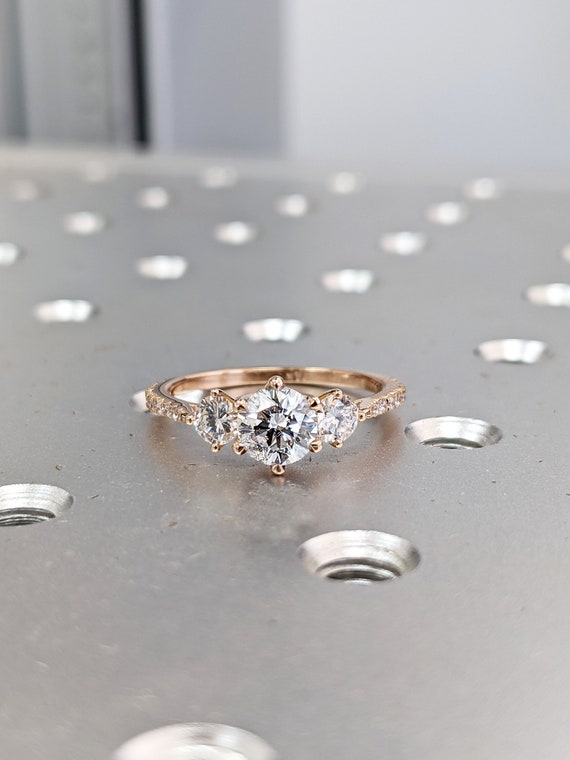 Rose Gold Three Stone Engagement Ring Wedding Ring Set Matching