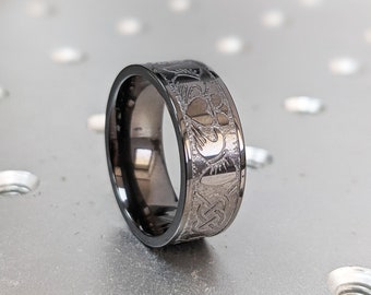 Black Zirconium Celtic Irish Claddagh Ring Hands Clasping Heart Band Carved Claddagh Black Zirconium Ring, Black Zirconium Wedding Band