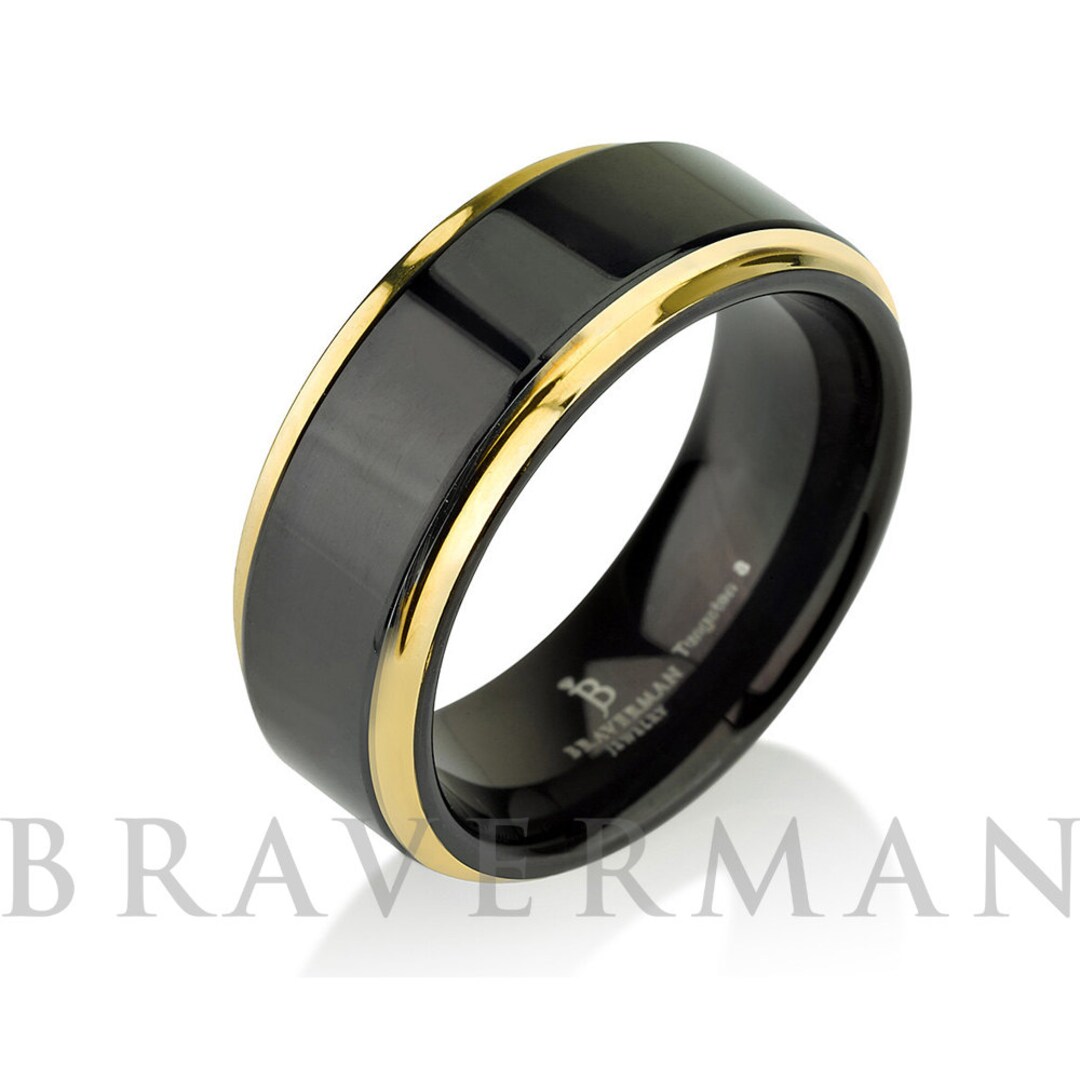 Black Tungsten Ring Yellow Gold Wedding Band Ring Tungsten - Etsy