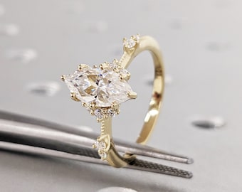 Anello di fidanzamento ispirato allo stile vintage, anello di diamanti coltivati in laboratorio con taglio marquise, anello di fidanzamento marquise unico in stile Art Déco, anello per anniversario 14k