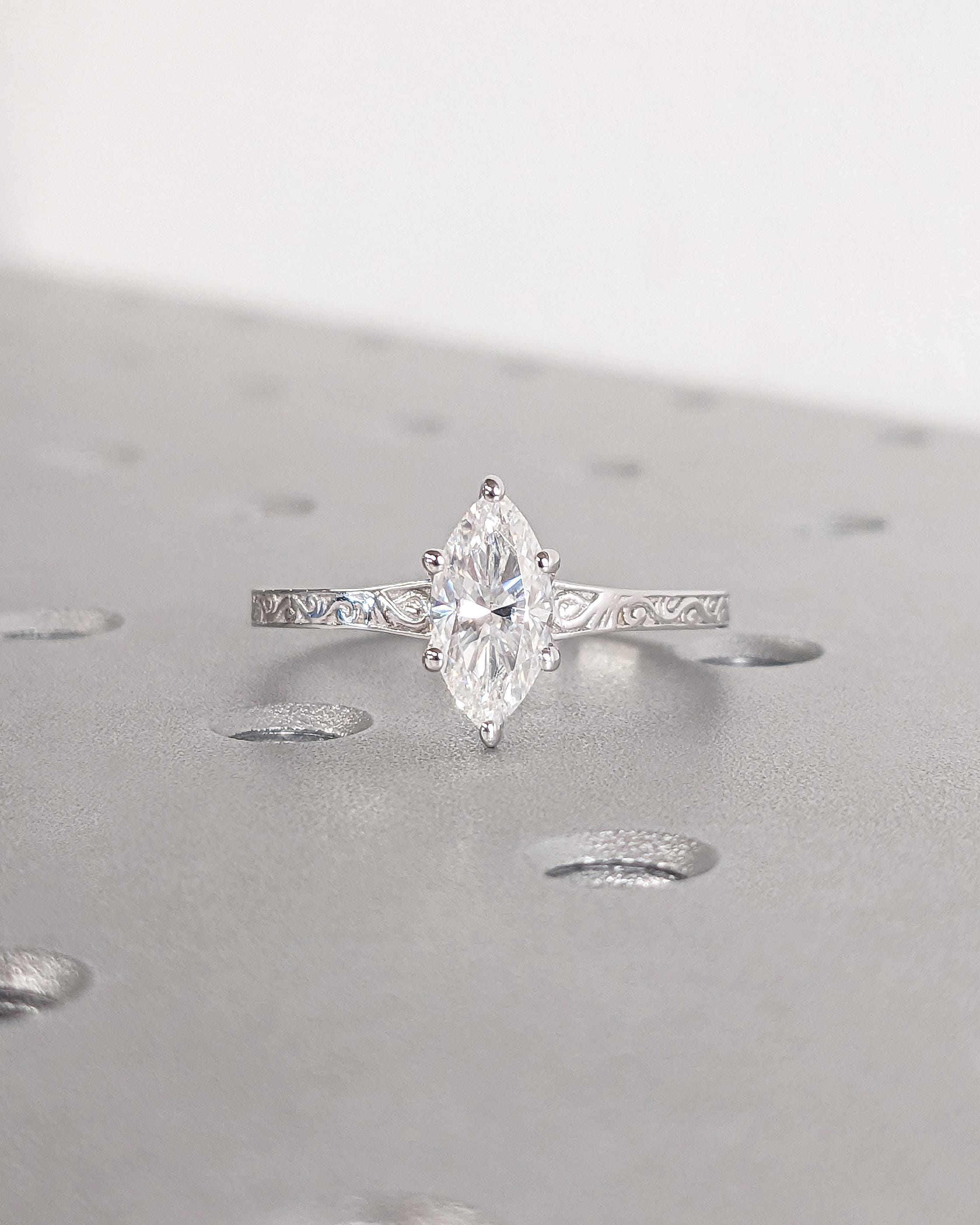 Marquise Cut Lab Diamond Ring Vintage Diamond Engagement Ring Solid ...