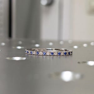 Solid Gold Sapphire and Diamond Wedding Band | 14k Gold Eternity Ring for Women | Blue Gemstone Thin Stacking Ring, Minimalist Sapphire Ring