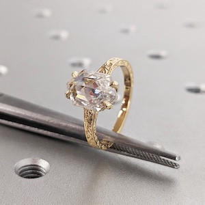 Hexagon Cut Moissanite Solitaire Vintage Inspired Engagement Ring | 18K Yellow Gold Filigree Engraving Wedding Band | Unique Gift for Her