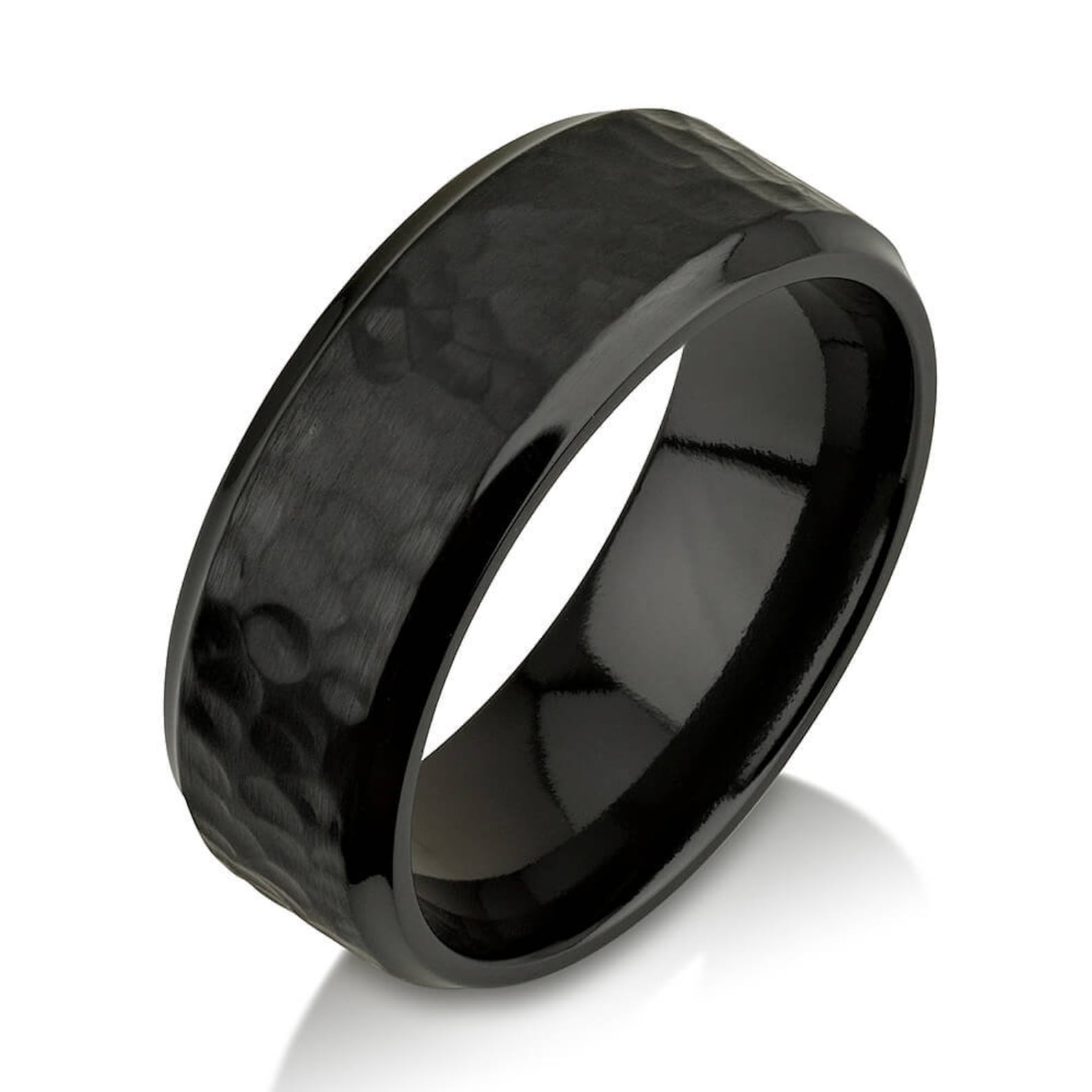 Mens Wedding Band Comfort Fit Hammered Black Zirconium Ring Etsy