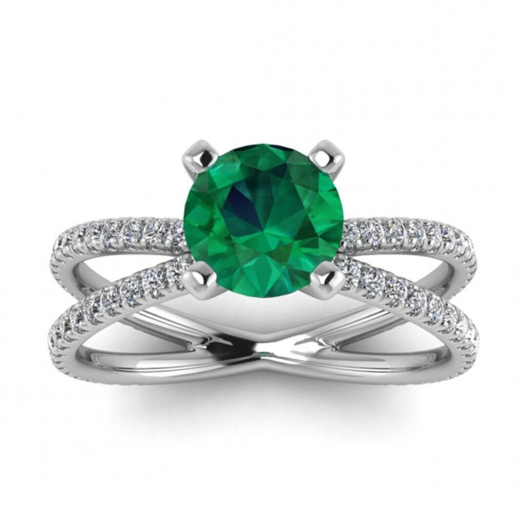White Gold Double Pave Emerald and Diamond Engagement Ring - Etsy