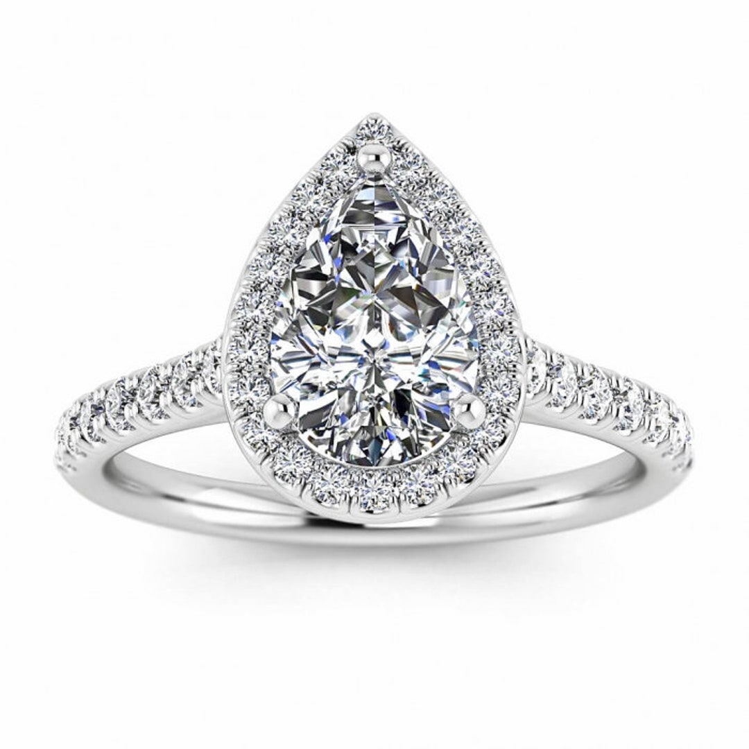 White Gold Pear Halo Pear Moissanite Ring 1/3 Ct. Tw. - Etsy