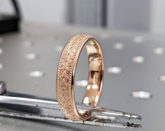 14K 18K Solid Rose Gold Wedding Ring for Men & Women, Rose Gold Mens Wedding Band, Hand Engraved Mens Wedding Ring, Rings for Men