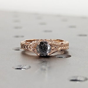 Round cut Salt and Pepper Grey Diamond Solitaire Vintage Engagement Ring | 14K Rose Gold Art Deco Filigree Statement Ring | Bridal Jewelry