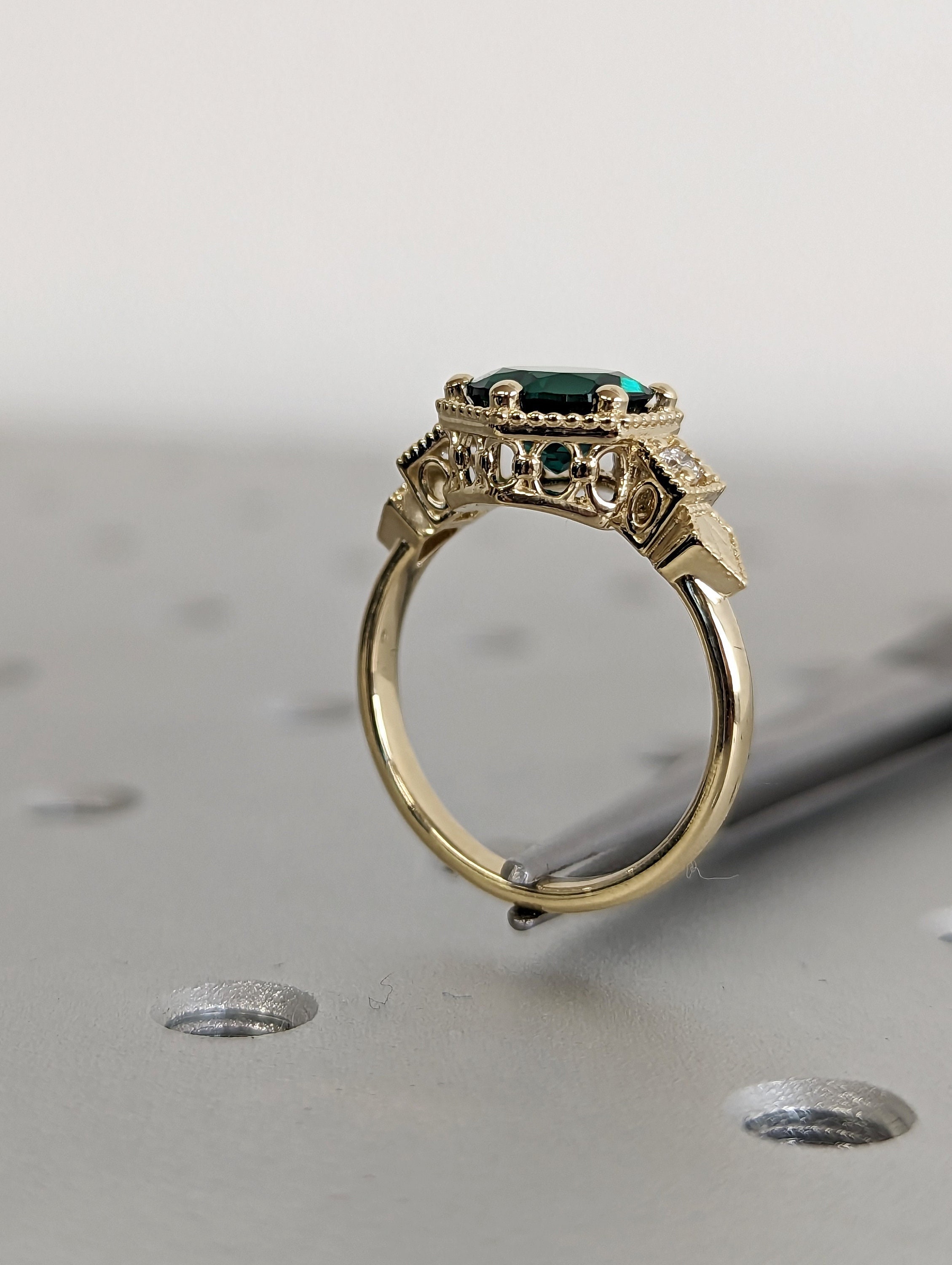 Emerald ring vintage emerald engagement ring 14k yellow gold ring gift unique antique wedding promise anniversary ring for her birthstone